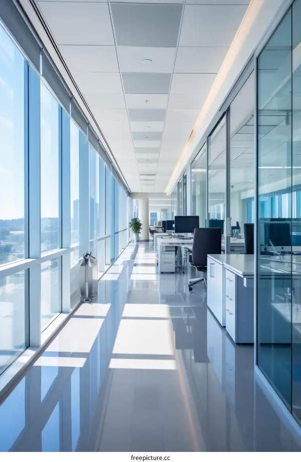 Open and Bright Office Interior with Glass Walls