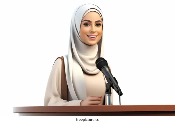 Young Woman in Brown Vest and White Hijab at Podium, Smiling, with Microphone