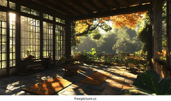 Sunlit Conservatory with Wooden Beams and Stone Floor