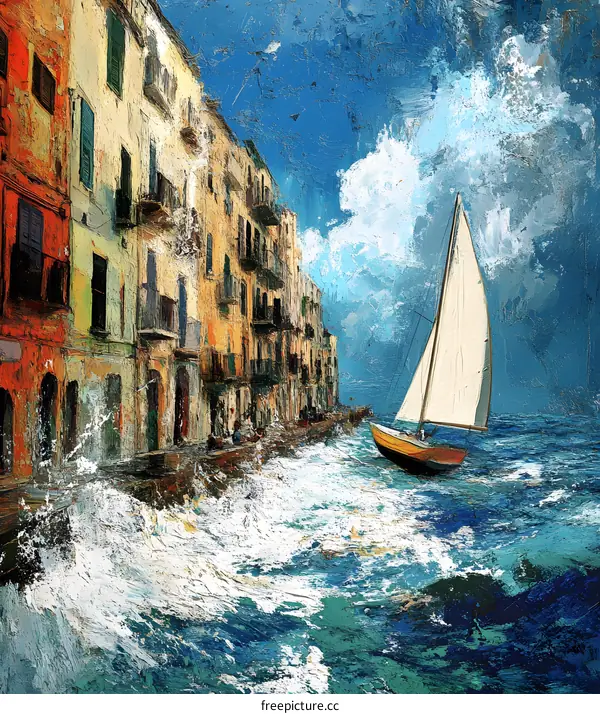 Colorful Building Along the Sea With Sailboat