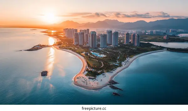 Coastal Cityscape at Sunrise with Modern Architecture