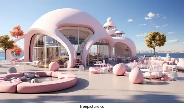 pink futuristic restaurant with a view of the city