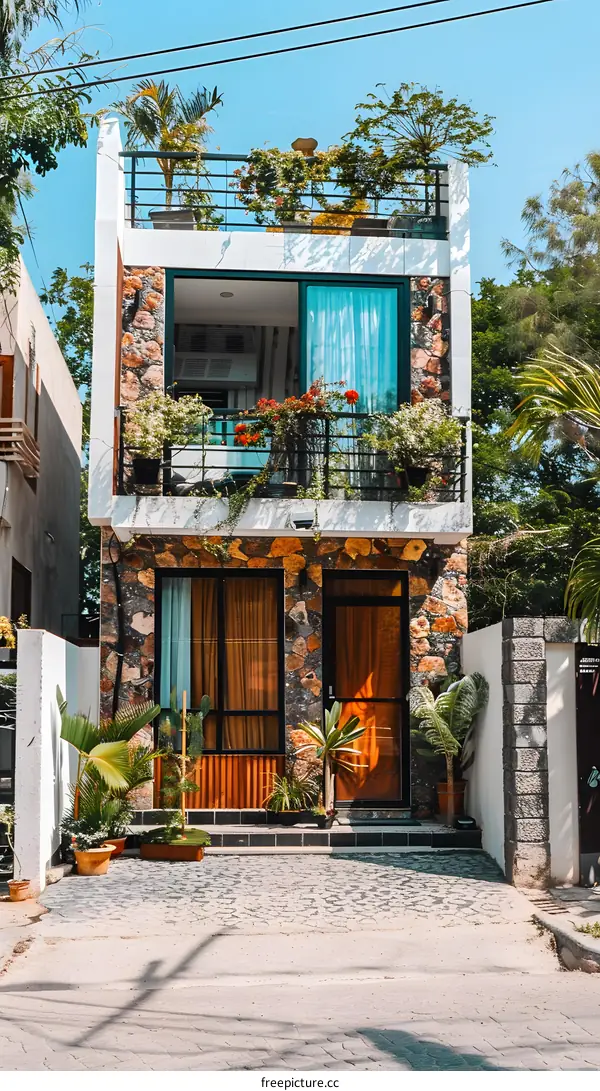 Modern Stone House with Balcony and Tropical Plants