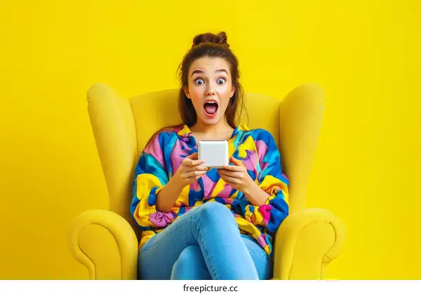 Woman in Colorful Blouse Sitting in a Yellow Armchair
