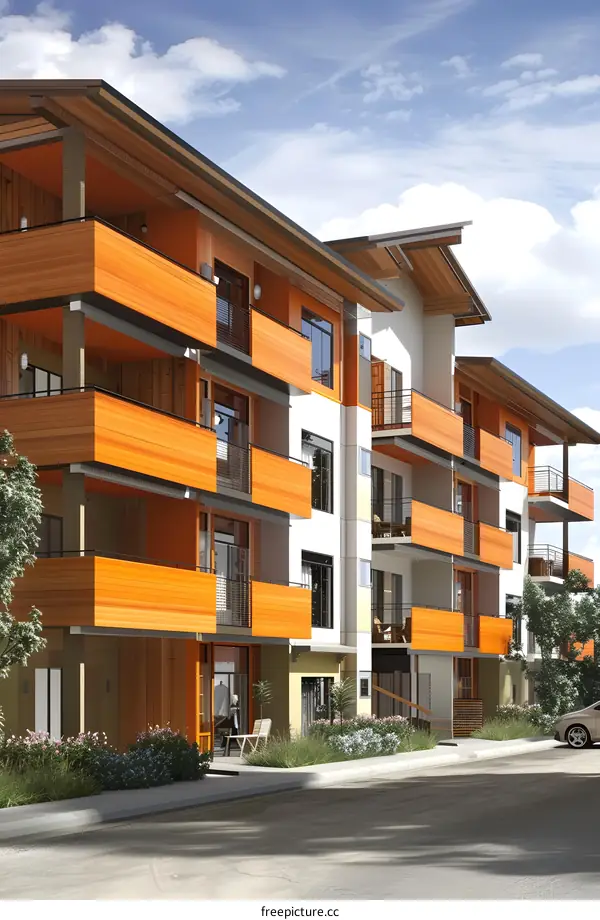 Modern Apartment Building with Balconies and Wooden Siding