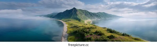 Panoramic View of Misty Mountainous Coastline