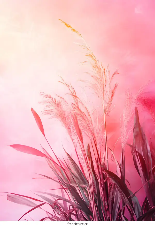 Pink and Green Grass Blades with Blurred Background