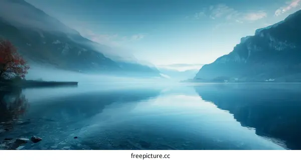 Serene Morning Mist Over Mountains and Lake