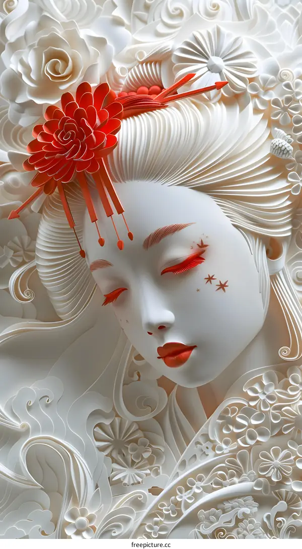 Paper Art Portrait of Asian Woman with Flowers