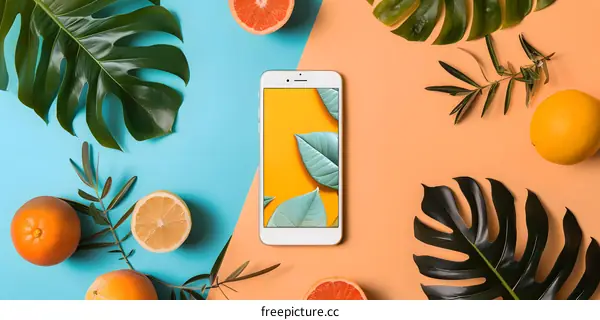 Flat Lay of Summer Fruits and Leaves With a Smartphone