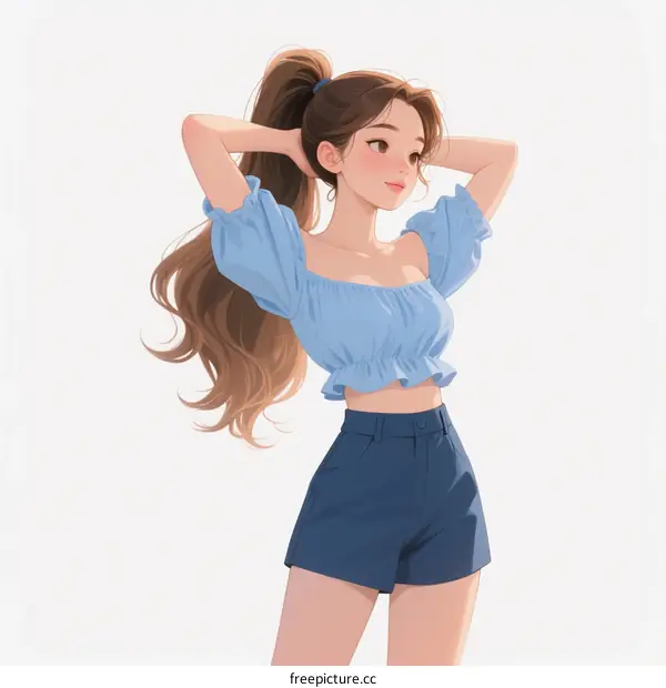 A Young Woman with Long Hair Wearing a Blue Crop Top and Shorts