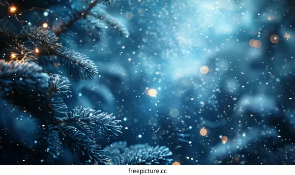 Serene Winter Scenery: Snow-Covered Fir Branches and Enchanting Lights