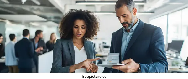 Business Colleagues Discussing Work On A Tablet In An Office