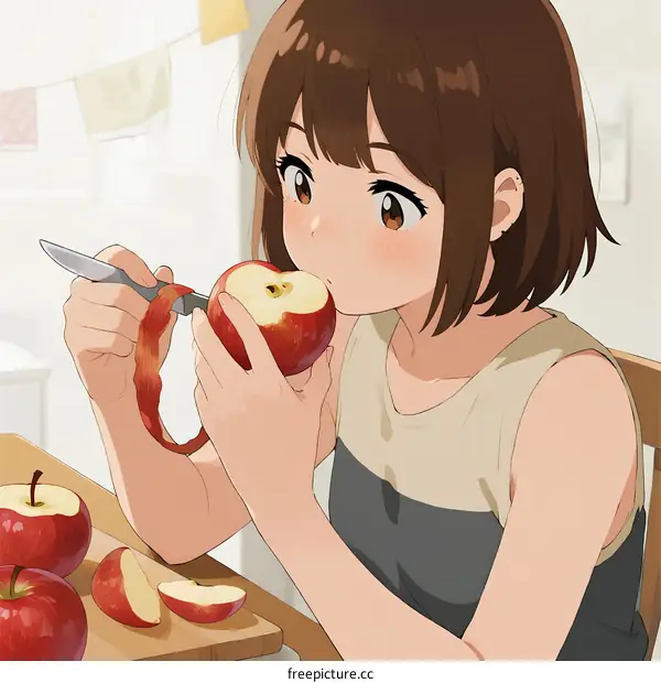 A Young Woman Peeling and Eating a Fresh Red Apple