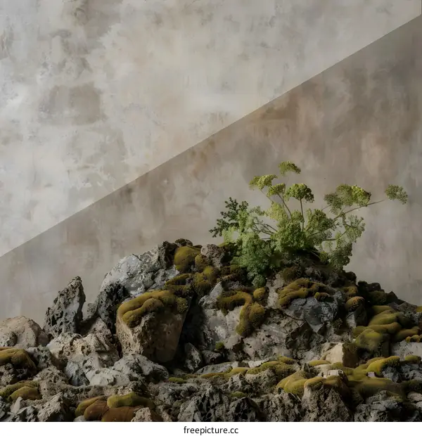 Green Plant Growing on Rocks with Moss Background