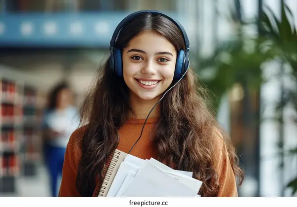 Smiling Teenager with Headphones in Library